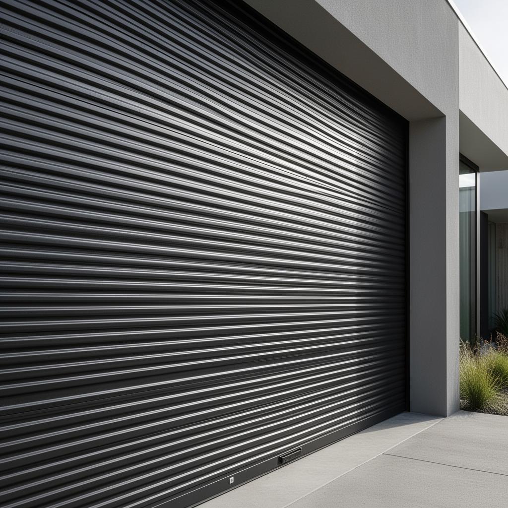 Modern industrial ribbed steel garage door installation