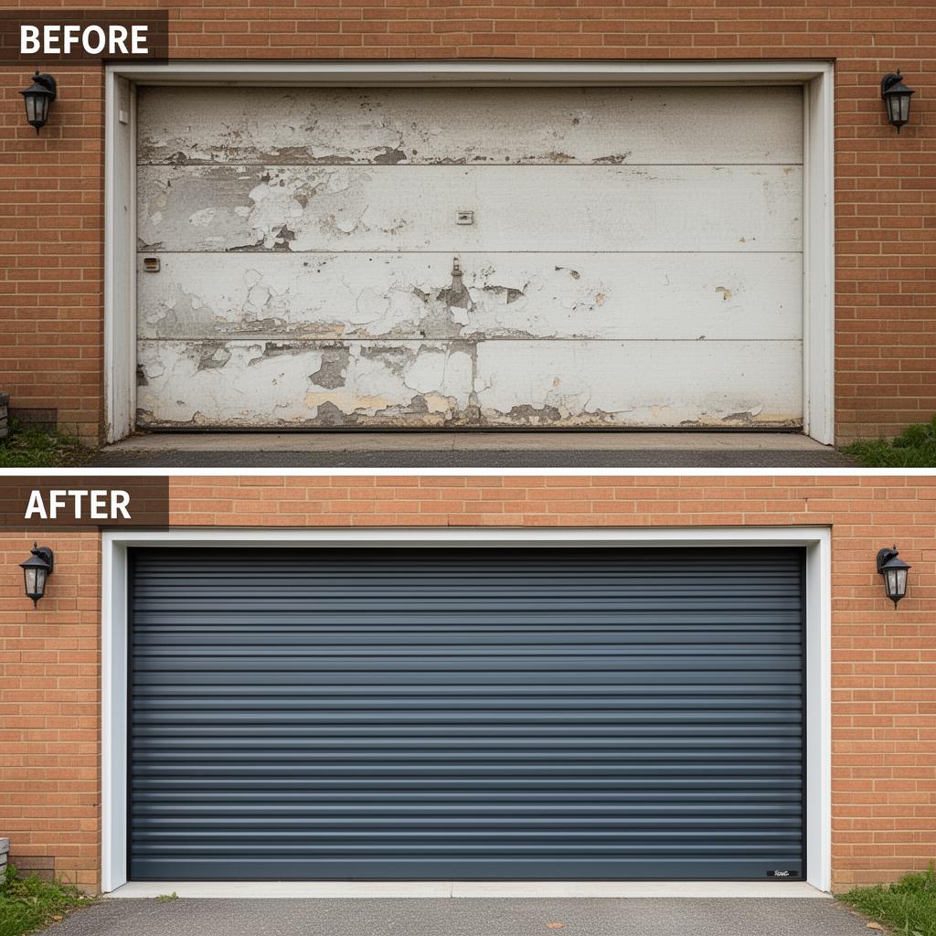 Before and after garage door replacement showing dramatic improvement