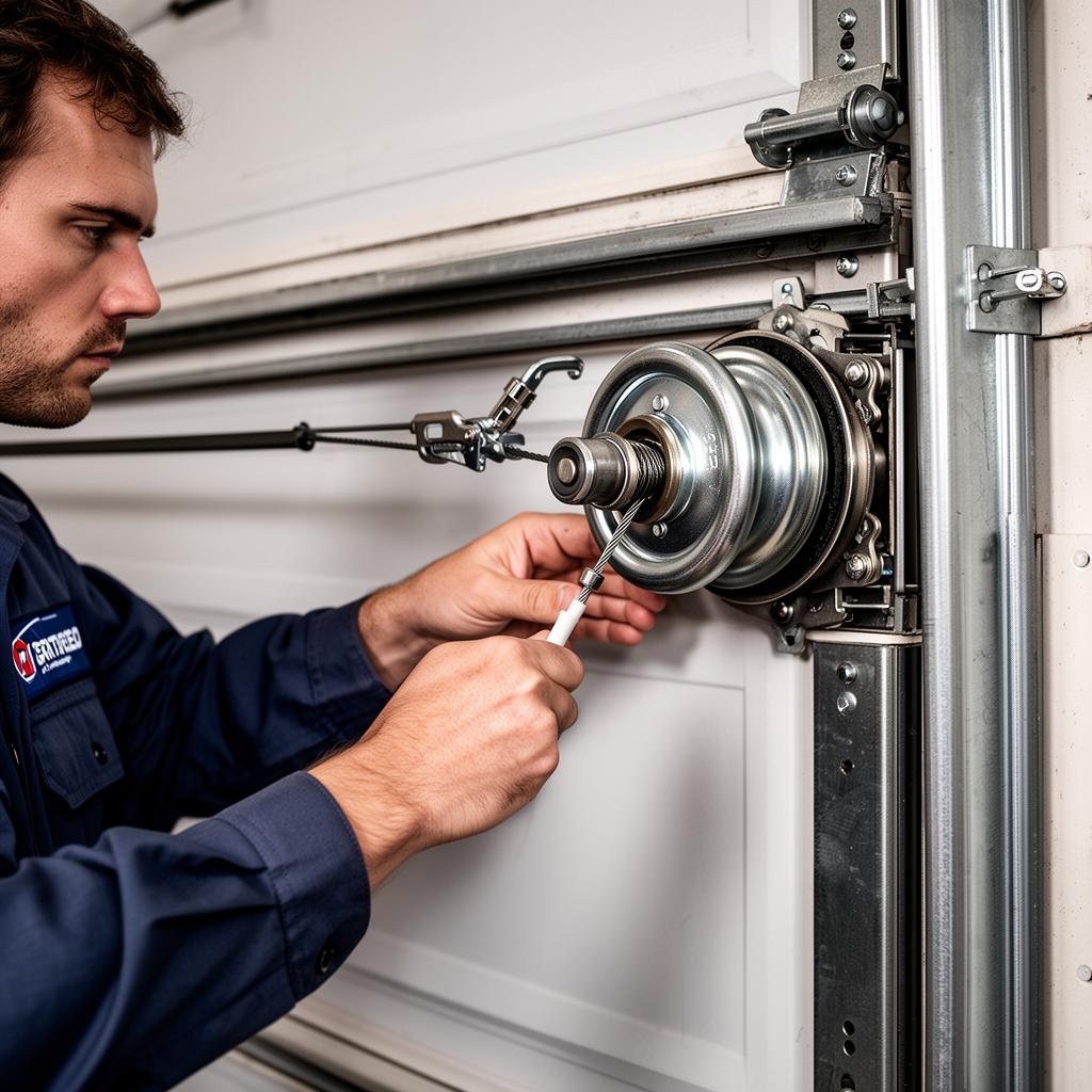 Garage Door Weir technician performing precision cable drum repair