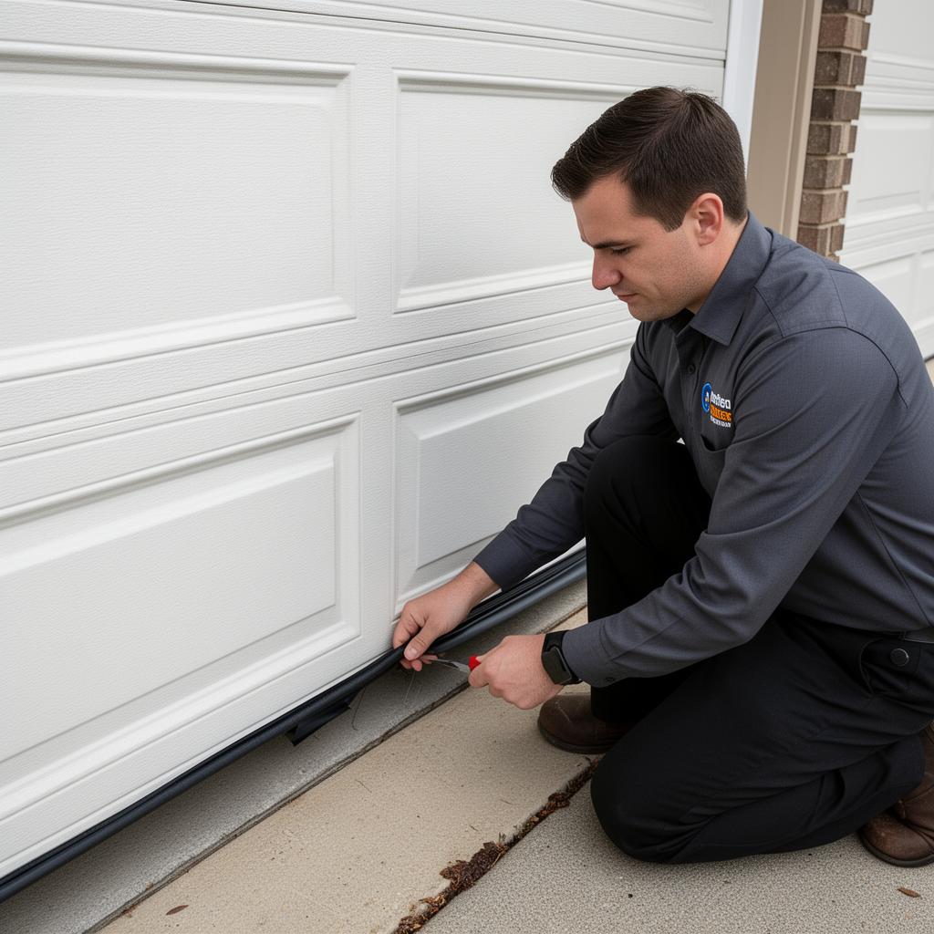 Certified garage door technician replacing weather seal
